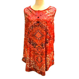 Aztec Print Henley Tank Top Red Black White Lightweight Stretch 3XL (USA 18)